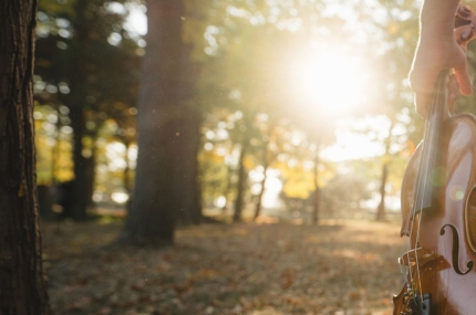 INSPIRAthon 2023 – Mann mit Geige spaziert durch einen Wald dem Licht entgegen